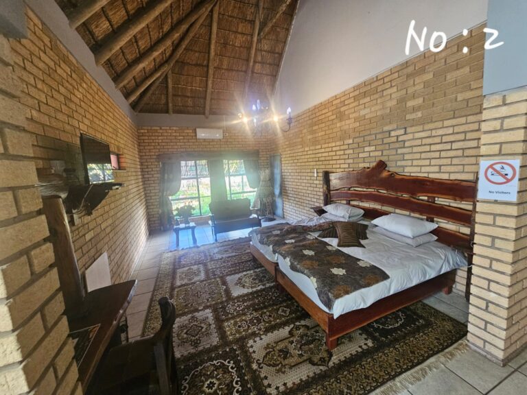 Rooms Spacious bedroom with high thatched ceiling, brick walls, large rug, and king bed at Pecan Guesthouse.